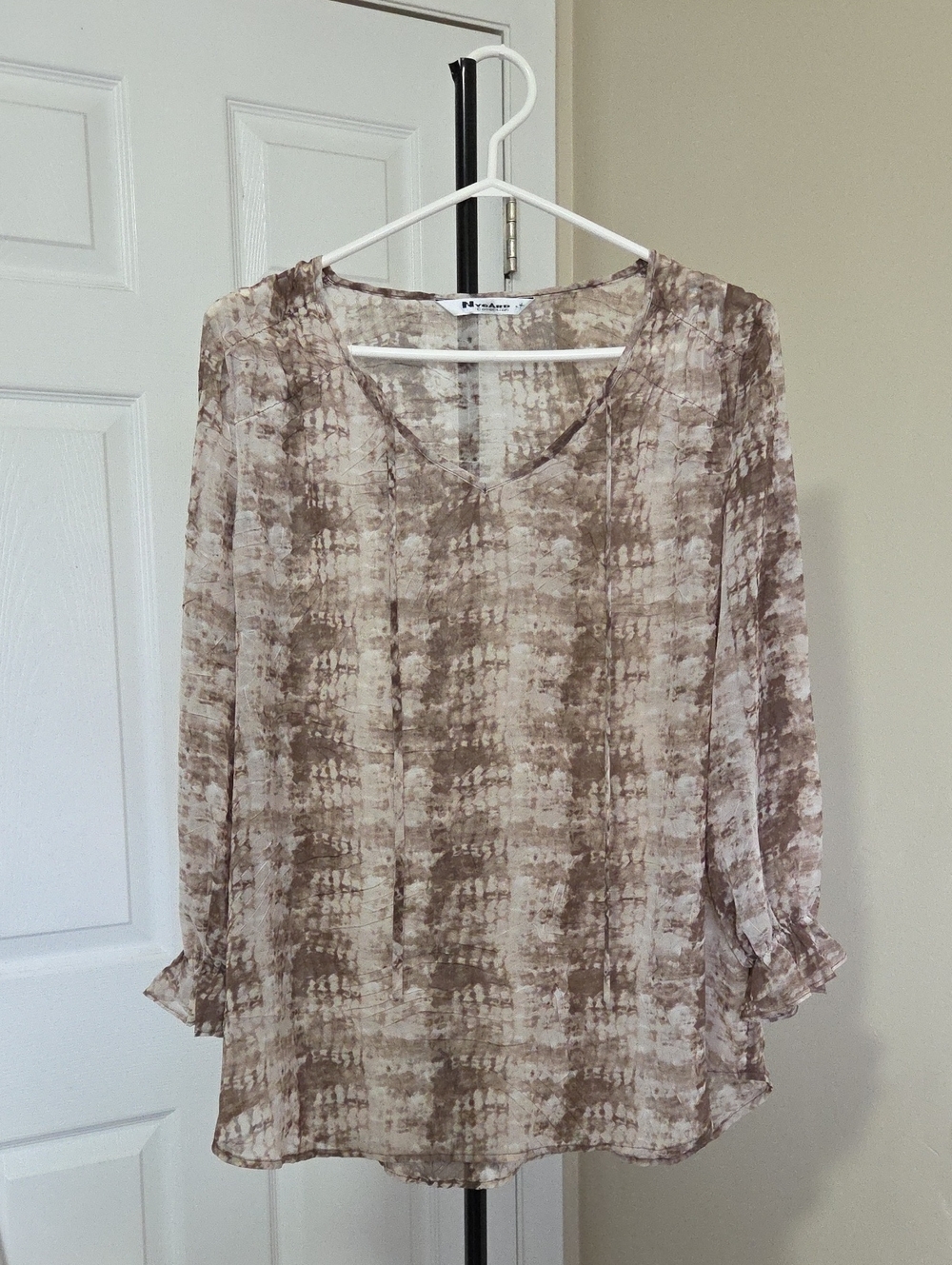 Nygard Collection Light Brown Tie-Dye V-Neck Blouse